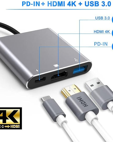 Battony Multiport AV Adapter with 4K HDTV Output USB 3.0 Port & USB-C Fasting Charging Port Compatible for MacBook Pro M1/16-20 Air M1/18-20 Ipad pro iMac and Other usbc Devices