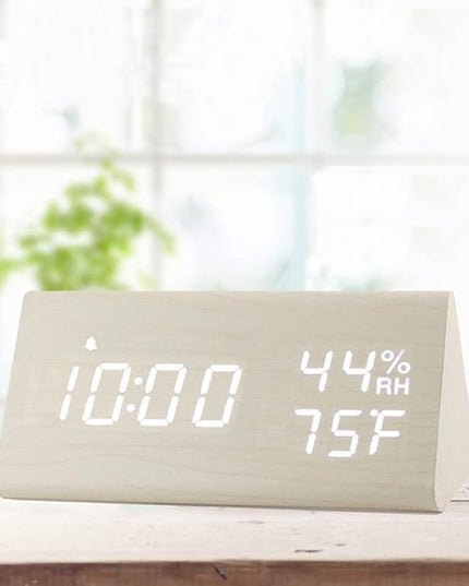 Digital Alarm Clock, with Wooden Electronic LED Time Display, 3 Alarm Settings, Humidity & Temperature Detect, Wood Made Electric Clocks for Bedroom, Bedside (White)