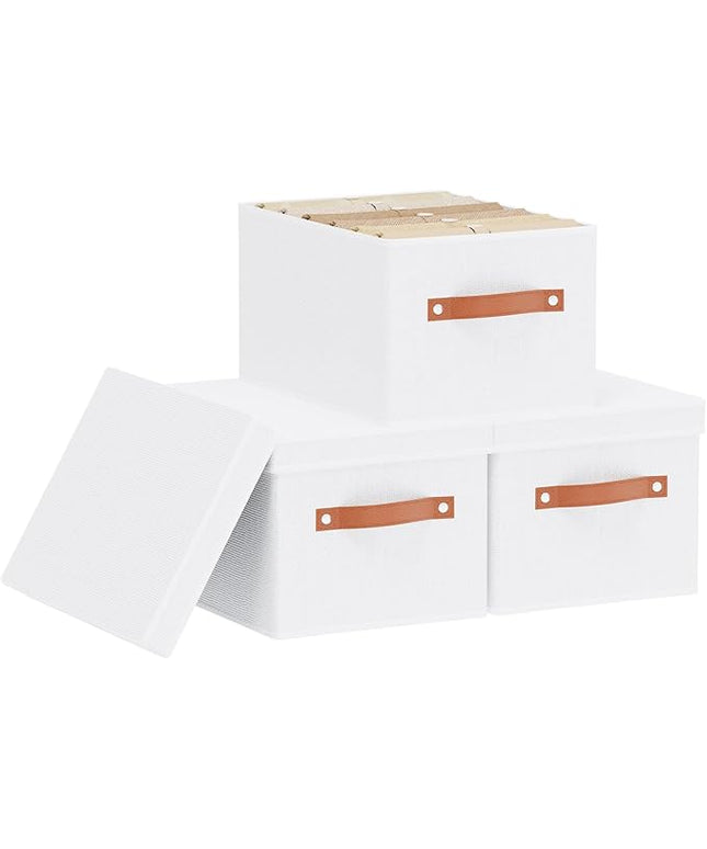Fabric Storage Boxes with Lids, 7.1 x 9.1 x 13 Inch Clothes Bins for Shelves, Closet Organizers for Organizing with Handles, White, 3-Pack