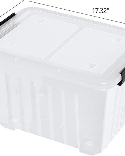 Zopnny 30 Quart Plastic Stacker Box, Large Storage Bin Container with Latching Lids and Wheels for Home and Garage Organizing, Shoes, Tools, Clear Base, 4-Pack