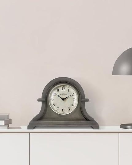 Presentime & Co. Mantel Clock Vintage Farmhouse Series, Napoleon Desk & Shelf Clock, 13 x 10 inch, Domed Lens, Quartz Movement, ABS Plastic Case, Gray Oak Finish (Home/Tabletop Decoration)