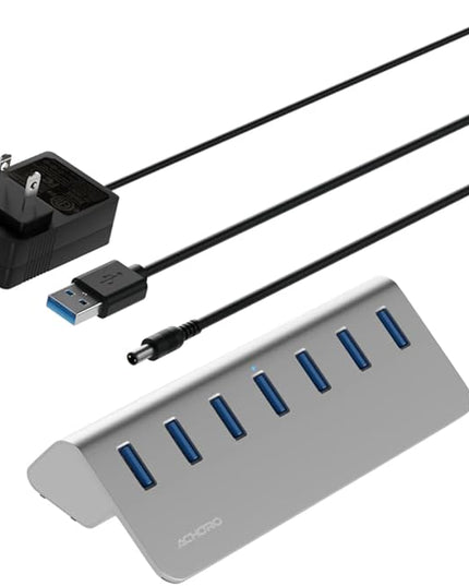 Achoro 7 Ports Powered USB HUB – 2nd Generation 10GB Super Speed External USB Port – USB 3.2 Aluminium USB Hub for Computer, Mac, PCs, Smartphone & Tablets – Computer Multiple USB Hub (POWERED SILVER)