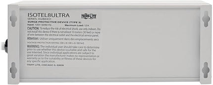 Tripp Lite Isobar 8 Outlet Surge Protector Power Strip, 12ft. Cord, Right Angle Plug, 3840 Joules, Diagnostic LEDs, Tel/Fax/Modem, Metal, (ISOTEL8 ULTRA) , Gray