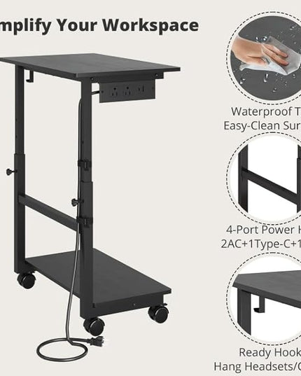 2-Tier Computer Tower Stand with Power Outlet, Height Adjustable PC Tower Stand with Wheels, ATX-Case CPU Holder Cart with Hooks for Home, Office, Gaming (Black)