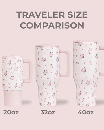 HydroJug Traveler - 40 oz Water Bottle with Handle & Flip Straw - Fits in Cup Holder, Leak Resistant Tumbler-Reusable Insulated Stainless Steel & Rubber Base - Gifts for Women & Men, Wildrose