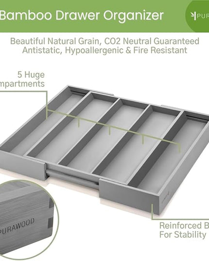 Purawood Kitchen Drawer Organizer - Expandable Utensil Drawer Organizer for Kitchen, Cutlery Tray & Silverware Organizer, 3-5 Slots - Bamboo Organizer for Utensils & Flatware (Grey)