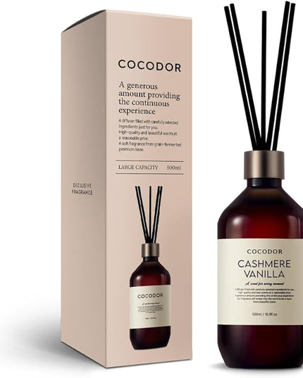 COCODOR Premium Reed Diffuser/Cashmere Vanilla /16.9oz /1 Pack/Large Capacity Fragrance Scent Oil Stick Diffuser Set for Bedroom Bathroom Home Décor