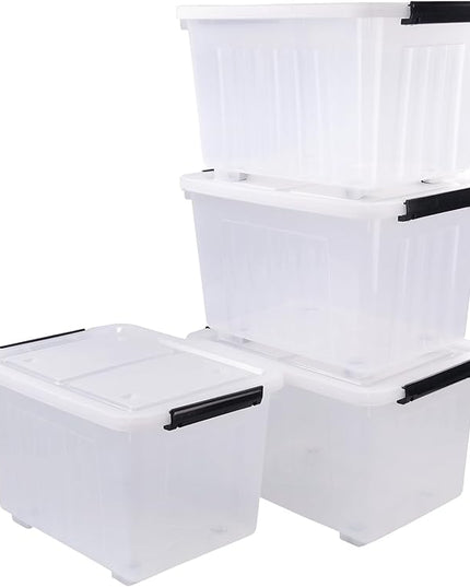 4 Packs 30 L Stackable Plastic Storage Bins with Lids and Wheels, Latching Clear Storage Container Box