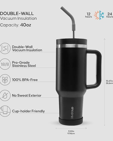 40oz Travel Tumbler Cup with Handle, Two-Way Slider Lid, Stainless Steel Straw with Silicone Tip, Vacuum Insulated Water Bottle for Hot & Cold Drinks, Great Gifts for Mom