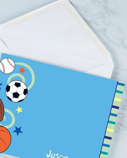 Current Sports Balls Kids Personalized Note Cards - 24 Cards with White Envelopes, 4¼ x 5½ Inch Size, Blank Stationery, Add Names or Text, For Thank You Notes, Invitations, & Announcements