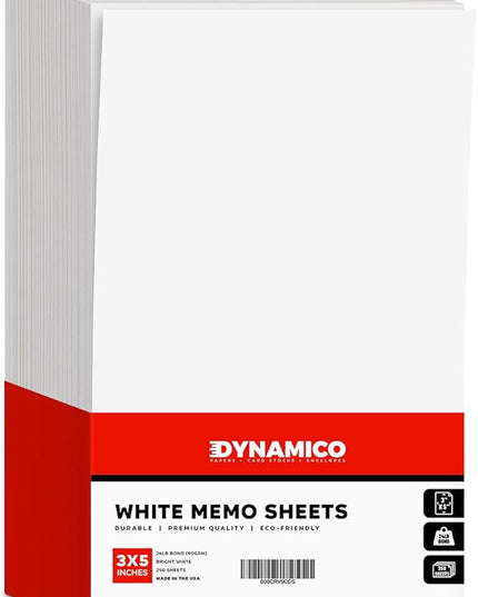 White Memo Sheets Paper – Perfect for Quick Notes, To-Do Lists and Reminders for School, Office and Business | 3 x 5 Inches | 24lb Bond / 60lb Text (90gsm) Paper | 250 Sheets per Pack