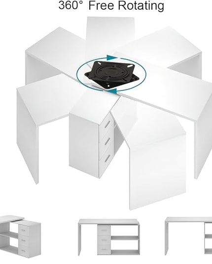 HSH White L Shaped Desk with Drawers Shelves, 360 Rotating L Shape Computer Desk with Storage Cabinet, Corner Home Office Desk Computer Table，55 Inch
