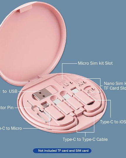 Multi USB C Adapter Kit, Charging Cable Case USB C to Type C/Micro/USB A Converter Contains Card Storage,Phone Holder, Tray Eject Pin for Traveling(Pink)