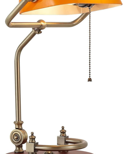 Bankers Lamp, Traditional Orange Desk Lamp with Solid Birch Wood Base, Orange Glass Antique Library Lamp with Pull Chain Switch, Plug in Vintage Bankers Desk Lamp for Office, Study Room 【E26 Socket】