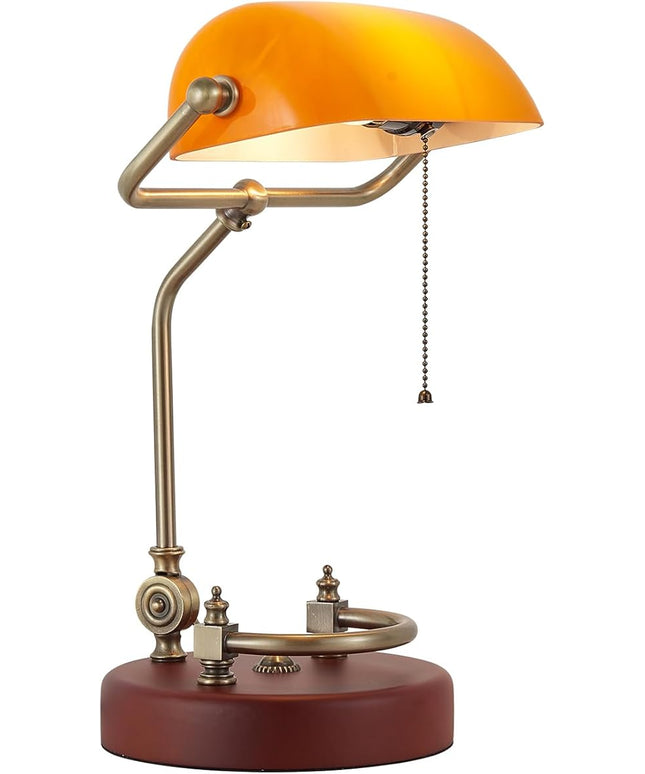 Bankers Lamp, Traditional Orange Desk Lamp with Solid Birch Wood Base, Orange Glass Antique Library Lamp with Pull Chain Switch, Plug in Vintage Bankers Desk Lamp for Office, Study Room 【E26 Socket】