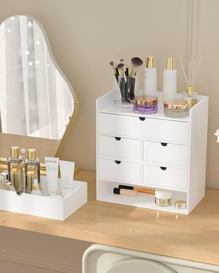 Wisuce Bamboo Desk Organizer - Mini Bamboo Desk Drawer Tabletop Cosmetic Storage Organization for Office or Home White