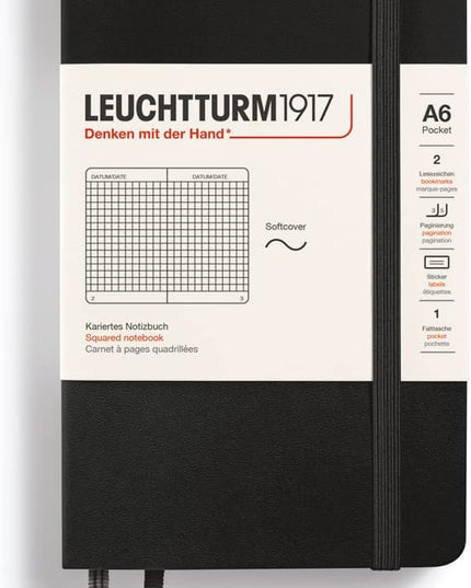LEUCHTTURM1917 - Notebook Softcover Pocket A6-123 Numbered Pages for Writing and Journaling (Squared, Black)
