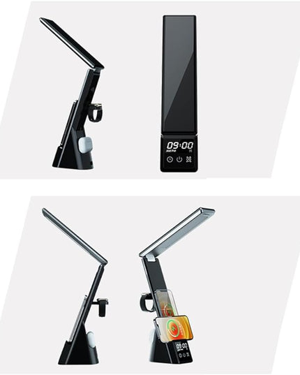 IHAO 6in1 Multifunctional Foldable LED Table Lamp with Wireless Charger Digital Alarm Clock Eye-Care Lighting 3 Color Modes 15W Qi Charger for Phone/Headphones, iWatch Charger Compatible-N61Black
