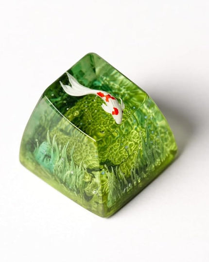 Kohaku Koi Fish Artisan Keycap Green Ocean Coral Reef R1 SA Profile Custom Keycaps 1U ESC Handmade Gaming Resin Key Cap Cherry MX Switch Compatible Mechanical Keyboard Koi Lover Gift
