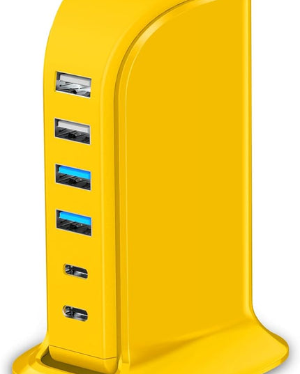 45W USB Charging Station, 6-Port Hub with 4 USB-A & 2 USB-C Ports, 5ft Cable, Yellow