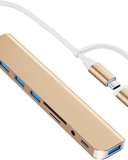 USB C/USB Hub Multiport Adapter,USB 3.0 Hub Aluminum 8 in 1 USB Splitter with SD/TF Card Reader,1 x USB 3.0, 3 x USB 2.0, 1 x USB C,and 3.5mm Audio Output for MacBook Pro Air,iPad Pro,Laptop-Gold
