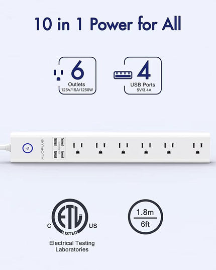 2 Pack Power Strip Surge Protector Flat Plug - 6 Widely Spaced Outlets 4 USB Charging Ports, 2100J/10A with 6Ft Long Extension Cord, Overload Surge Protection, Wall Mount for Home Office