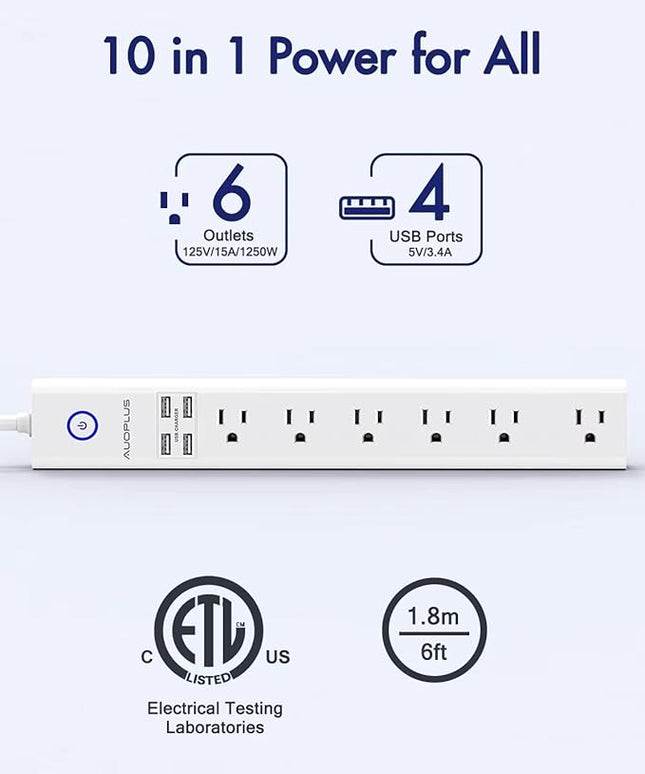 2 Pack Power Strip Surge Protector Flat Plug - 6 Widely Spaced Outlets 4 USB Charging Ports, 2100J/10A with 6Ft Long Extension Cord, Overload Surge Protection, Wall Mount for Home Office