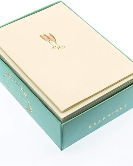 Graphique Pink Champagne La Petite Presse Boxed Notecards - 10 Embellished Gold Foil Champagne Blank Cards with Matching Envelopes, 3.25" x 4.75"