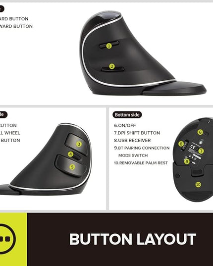 DELUX Wireless Ergonomic Vertical Mouse, Rechargeable Ergo Mouse for large Hands, Slient Click, Removable Wrist Rest, Up to 4000 DPI, 6 Buttons,2.4G Dual Mode, Compatible with Laptop/PC (M618PD-Black)
