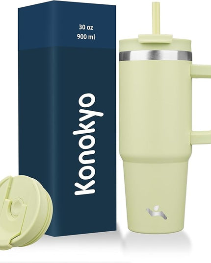 30 oz Tumbler with Handle and 2 Straws,2 in 1 Lid Insulated Water Bottle Stainless Steel Travel Coffee Mug,Macaron Green