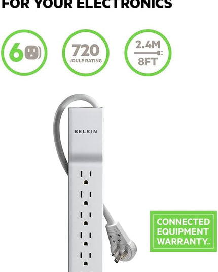 Belkin Surge Protector Power Strip - 6 AC Multiple Outlets - Flat Rotating Plug, 8ft Long Heavy-Duty Extension Cord for Home, Office, Travel, Computer Desktop & Charging Brick - White (720 Joules)