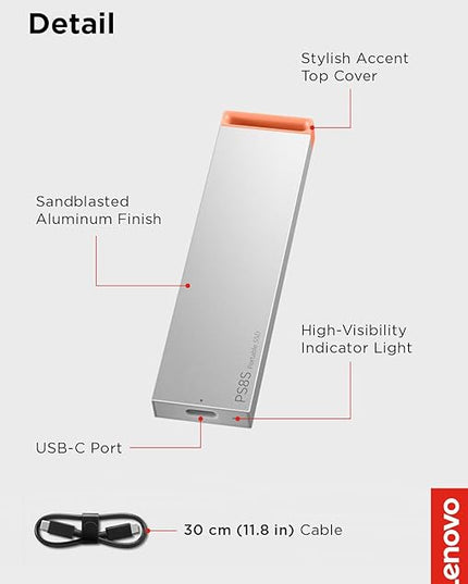 Lenovo PS8S 512GB Portable SSD, Up to 1050MB/s Read, 1000MB/s Write, USB 3.2 USB-C, Slim Lightweight (40g) Aluminum Body, Reliable Storage for PC/Mac & Android