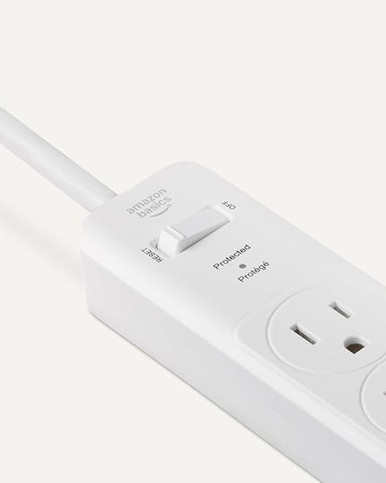 Amazon Basics Rectangle 6-Outlet Surge Protector Power Strip with Circuit Breaker, 600 Joule, 2ft Cord, White, 2-Pack