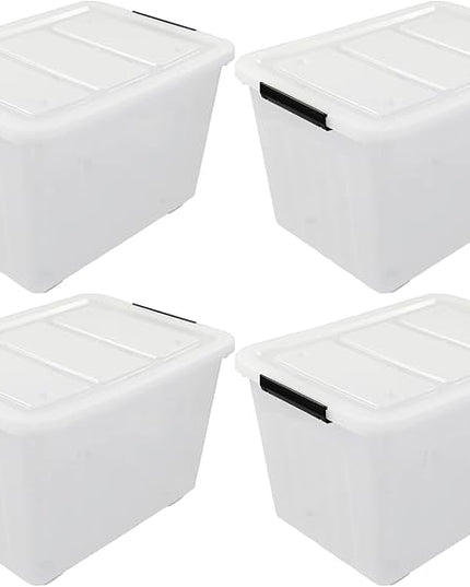4-Pack 70 L Large Clear Storage Boxes, Plastic Latching Boxes with Wheeles