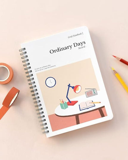 Monolike Ordinary days A5 Grid Spiral Notebook, Study room - Hardcover 5.83 x 8.27inch 128 Page,120GSM Thick paper