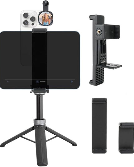 Large Screen Teleprompter Holder for Tablet/Phone with Extendable Tripod, Dual-Clamp Design with Interchangeable 3 Sizes of Clamps. Perfect for Live Streaming/Recording/Video Conference