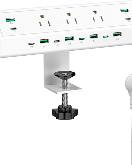 Jgstkcity 90W Desk Clamp Power Strip,12 USB Ports (6 PD 45W USB-C),Surge Protector,ETL Listed Power Hub Extension Cord,Fast Charging Station for Home Office Desk Edge Mount (White, 12 USB-90W)