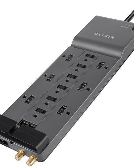 Belkin 12-Outlet Power Strip Surge Protector with 10-Foot Cord and Telephone, Ethernet, Coaxial Protection, BE112234-10, Gray -(Pack of 3)