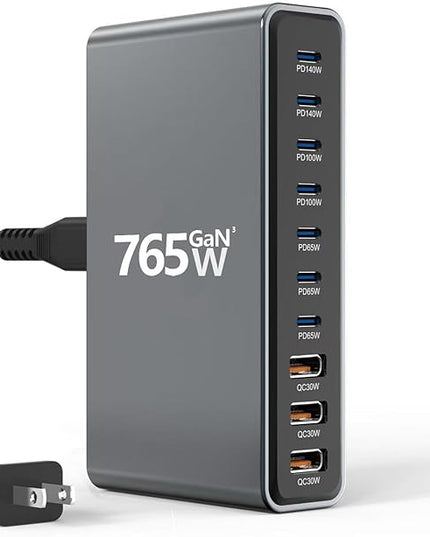 765W 10-Port GaN 3 Desktop Charging Station for Phones, Tablets, Laptops, Smartwatches & Earphones - Home, Office & Travel Compatible