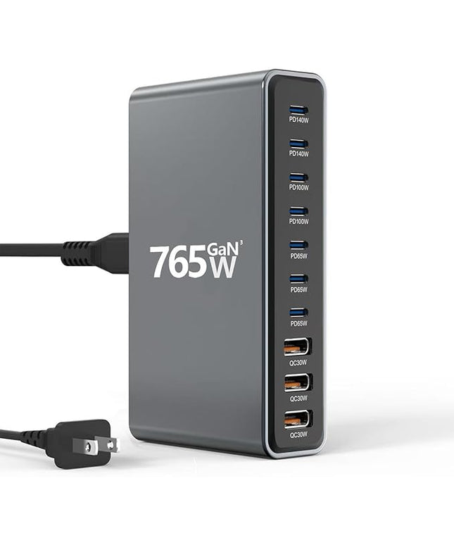 765W 10-Port GaN 3 Desktop Charging Station for Phones, Tablets, Laptops, Smartwatches & Earphones - Home, Office & Travel Compatible