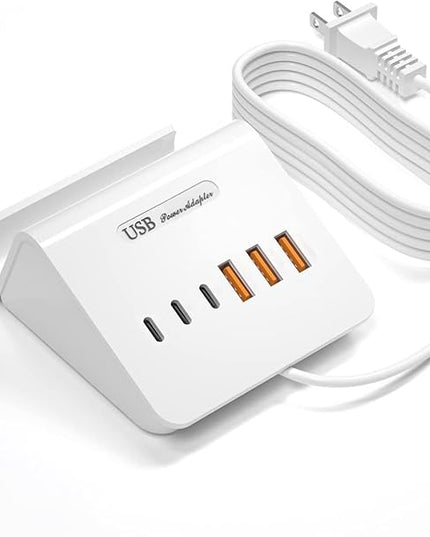 VHBW USB Charging Station, 6 Port 3USB-A and 3USB-C Charging Station for Multiple Devices, Multi USB Nightstand Charger Station with Phone Stand (ETL Listed, 6Ft Extension Cord, White)