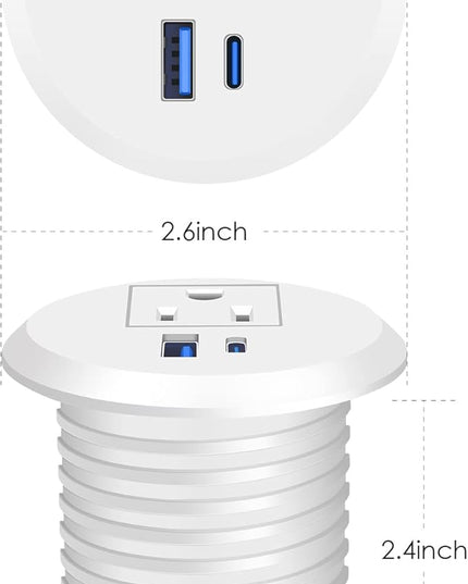 2 inch Desk Power Grommet with PD 20W USB C,Ultra-Flat Plug Power Strip,Recessed Outlet,Desktop Power Grommet for Office PC Desk Cable Cord Cover,Table Outlets for Home, Office,6 ft Cable(White)