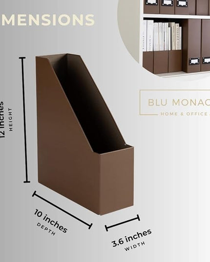 BLU MONACO Set of 6 Foldable Brown Magazine File Holders with Brown Leather Label Holders – Elegant Magazine Storage Containers & Desk Organizer for Office