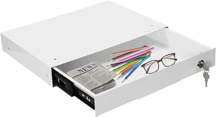 14.17" Under Desk Storage Drawer, Locking Design White Sliding Pull-Out Drawer for Sit Stand Workstation