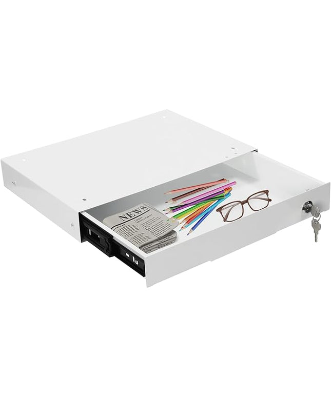 14.17" Under Desk Storage Drawer, Locking Design White Sliding Pull-Out Drawer for Sit Stand Workstation