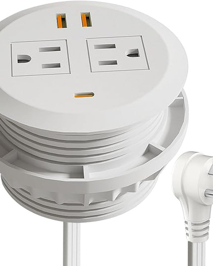 3 Inch Desktop Power Grommet,65W GaN USB C Fast Charging Station,3-USB Port,Flush Mounted for 3-1/8" Holes,Flat Plug.Round Recessed Desk Grommet Outlet for Workspace,Laptops,6.3ft,White
