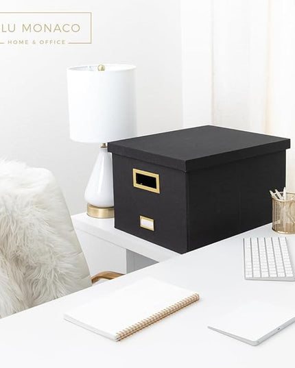 BLU MONACO Hanging File Box with Lid – Black Document Organizer | Portable Storage Box for Letter & Legal Size Paperwork | Stackable Engineered Wood File Organizer for Home or Office