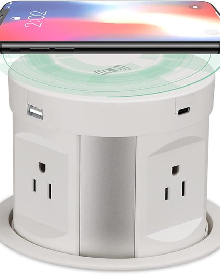 Automatic Pop up Outlet, Wireless Charger Power Strip Surge Protector Recessed Outlet, 4 AC Plug + Type-A and Type-C USB Port Outlets for Countertop Kitchen Island Conference Workbench, ETL Listed