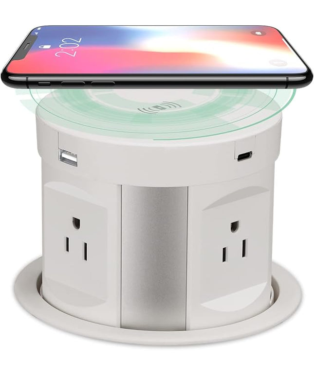 Automatic Pop up Outlet, Wireless Charger Power Strip Surge Protector Recessed Outlet, 4 AC Plug + Type-A and Type-C USB Port Outlets for Countertop Kitchen Island Conference Workbench, ETL Listed