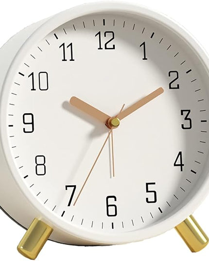 SHISEDECO Alarm Clock with Backlight, 4.5 inches Bedside Analog Non-Ticking Silent Small Deskclock with Arabic Numerals, Battery Operated Round Tableclock for Living Room, Bedroom (White)